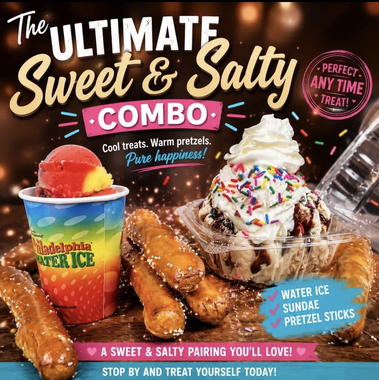 The Ultimate Sweet & Salty Combo — water ice, sundae and pretzel sticks