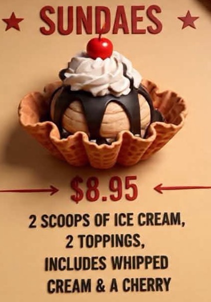 Sundae in a waffle bowl with whipped cream, chocolate and a cherry — $8.95
