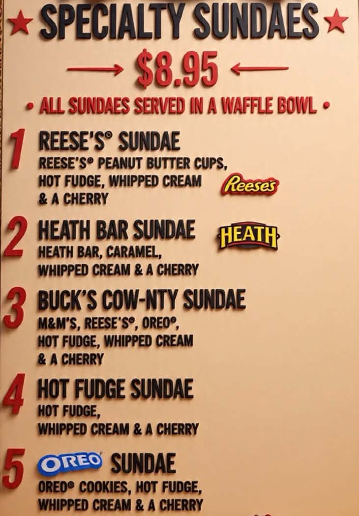 Specialty Sundaes menu — Reese's, Heath Bar, Buck's Cow-nty, Hot Fudge and Oreo sundaes, all $8.95